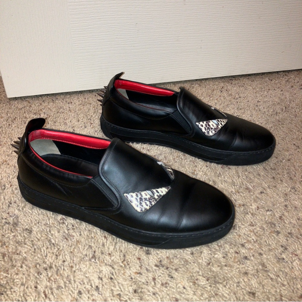 FENDI Leather Sneakers MONSTER Spikes BLACK / SNAKE - Sz 7E Made in Italy